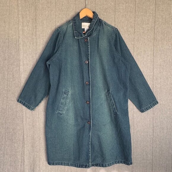 Vintage 90s Great Adventure Denim Long Button Front Midi Length Overcoat Jacket - Picture 1 of 10